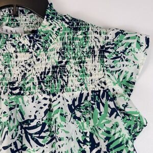 THML‎ Womens Tropical Palm Print Smocked Mock Neck Ruffle Sleeve Top Green XS